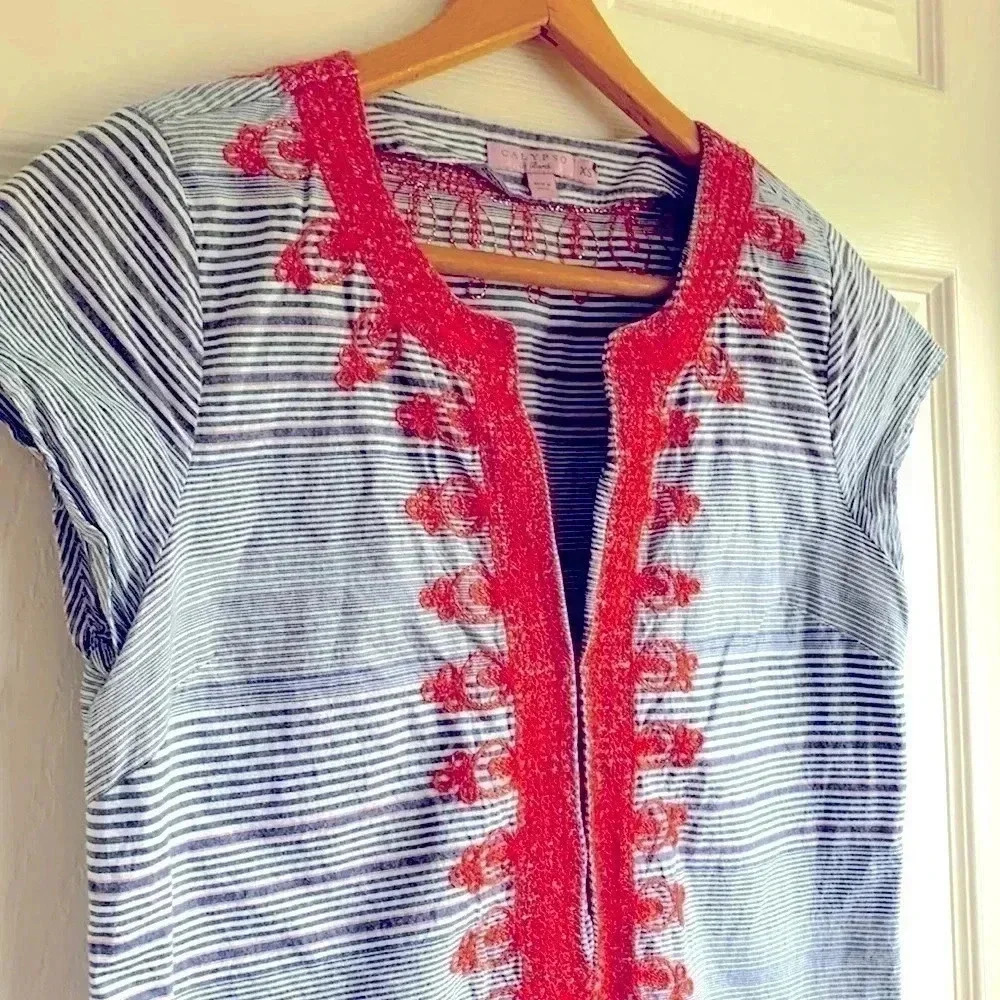 Calypso St. Barth Navy and Coral Embroidered Stripe Dress